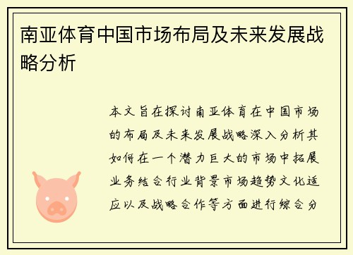 南亚体育中国市场布局及未来发展战略分析